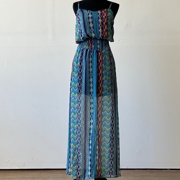 Fire Los Angeles Blue multicolor colorful Western Print maxi dress - Picture 1 of 11